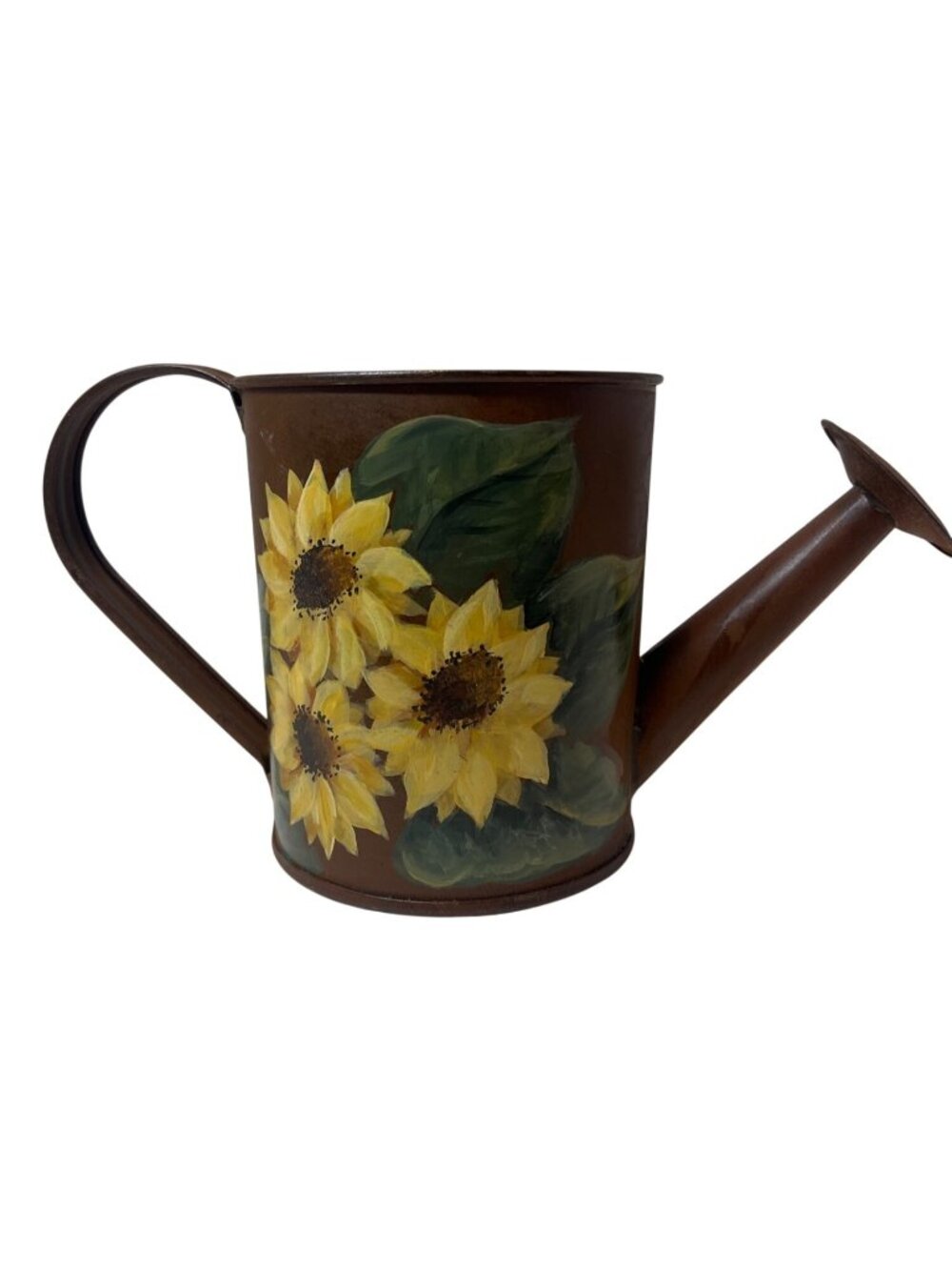 Hand-Painted Sunflower Brown Metal Watering Can For Garden Or Decorative Use